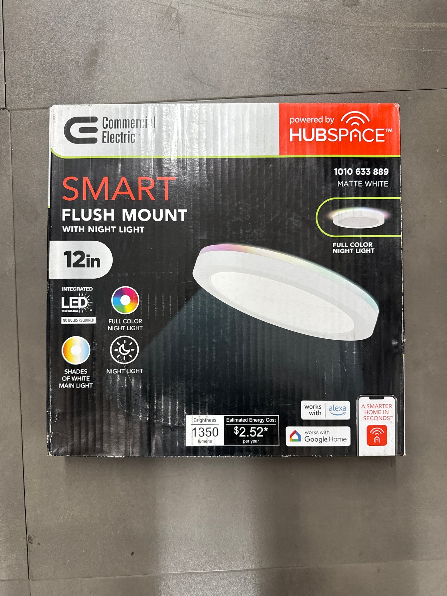 Commercial Electric 12 in. Smart LED Flush Mount Ceiling Light with Full-Color Night Light – Matte White *Pick Up Only*