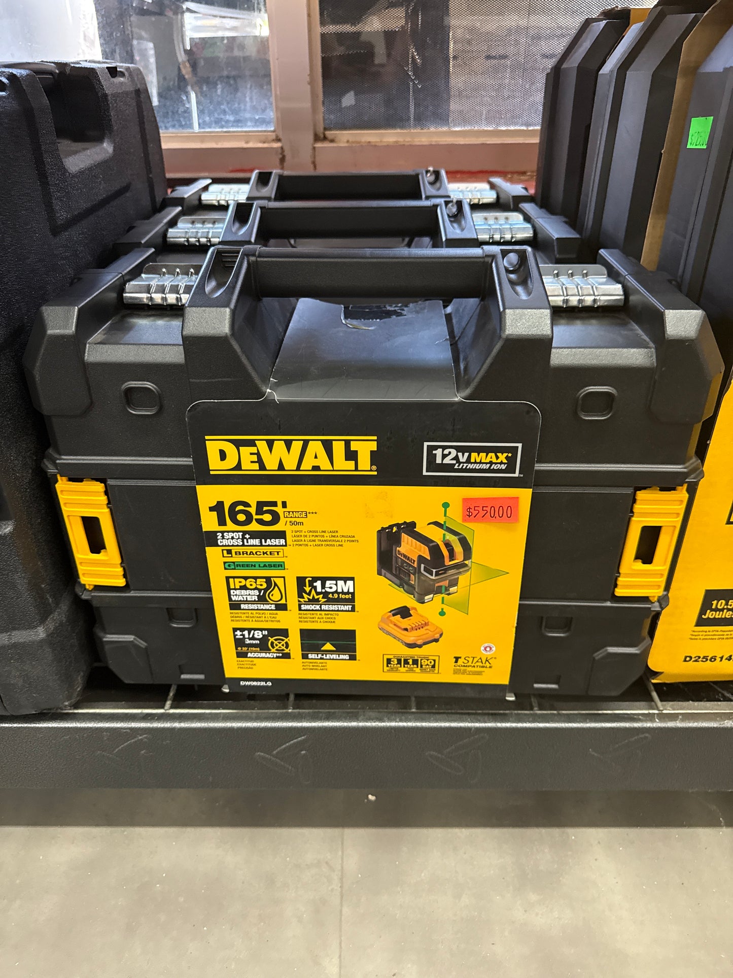 12V MAX Lithium-Ion 100 ft. Green Self-Leveling 2-Spot and Cross Line Laser, 2.0Ah Battery, Charger, and TSTAK Case