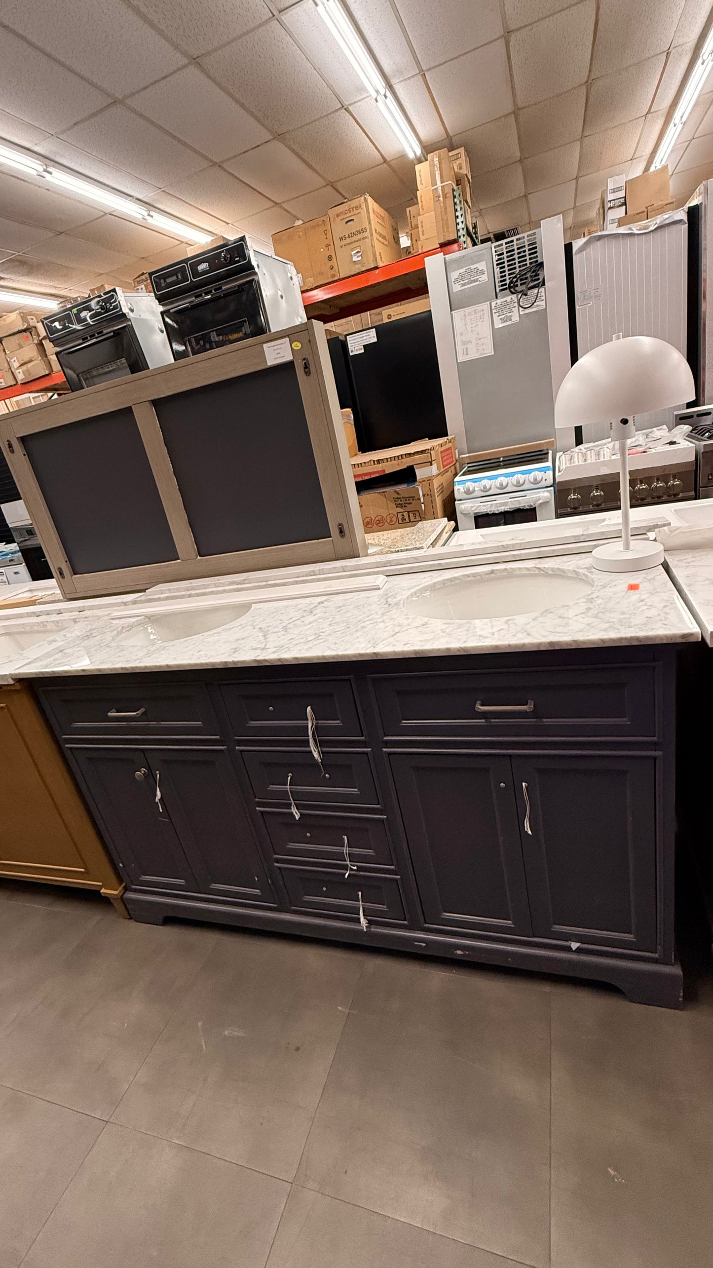 Navy Marble Top His & Hers Vanity with Cabinet Storage *Pick Up Only*