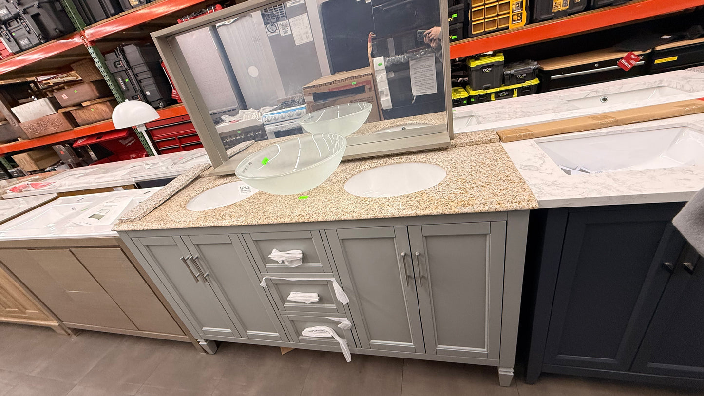 Granite Top His & Hers Vanity with Mirror and Cabinet Storage *Pick Up Only*