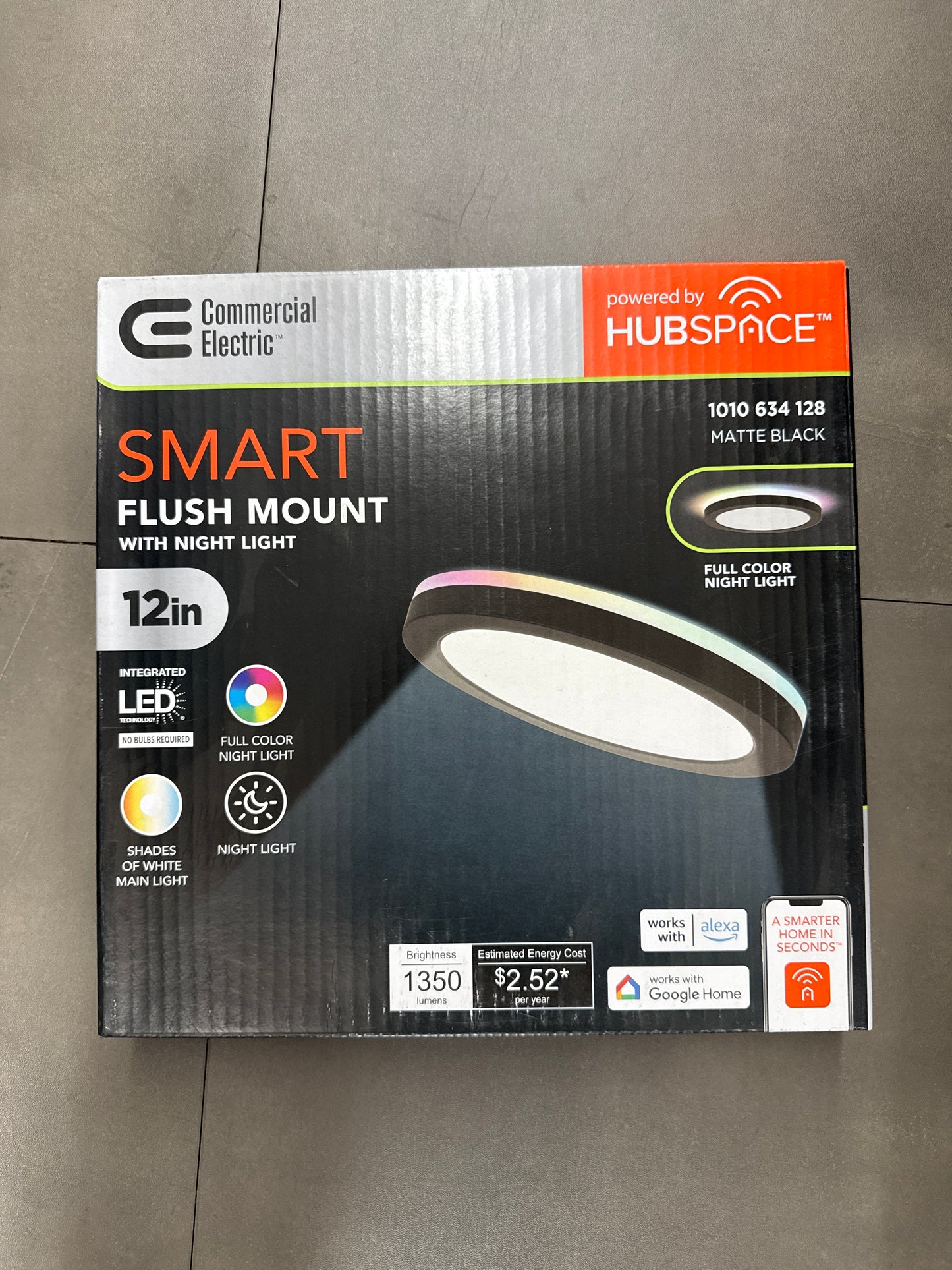 Commercial Electric 12 in. Smart LED Flush Mount Ceiling Light with Full-Color Night Light – Matte Black *Pick Up Only*