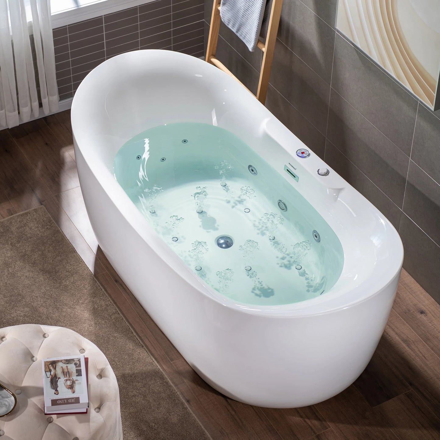 WoodBridge 72" Whirlpool Water Jetted & Air Bubble Freestanding Heated Soaking Bathtub *pick up only*
