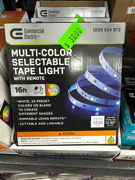 Commercial Electric Multi-Color Selectable Tape Light w/ Remote - 16ft *Pick Up Only*