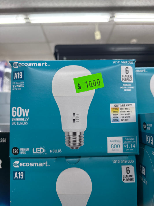 EcoSmart A19 LED Light Bulbs – 60W Equivalent, Adjustable White (6-Pack) *Pick Up Only*
