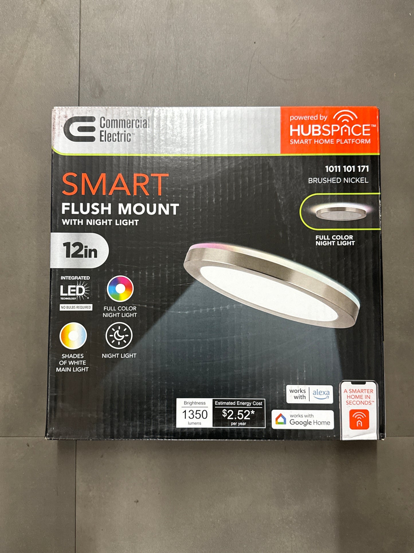 Commercial Electric 12 in. Smart LED Flush Mount Ceiling Light with Full-Color Night Light – Brushed Nickel *Pick Up Only*
