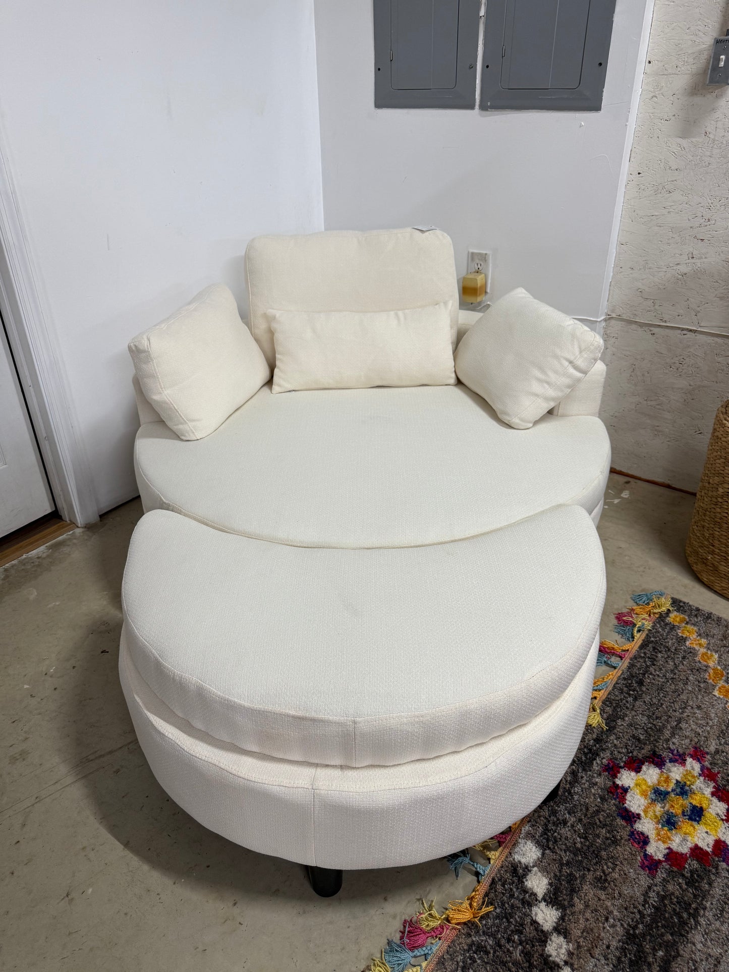 Modern White Barrel Chair with Ottoman