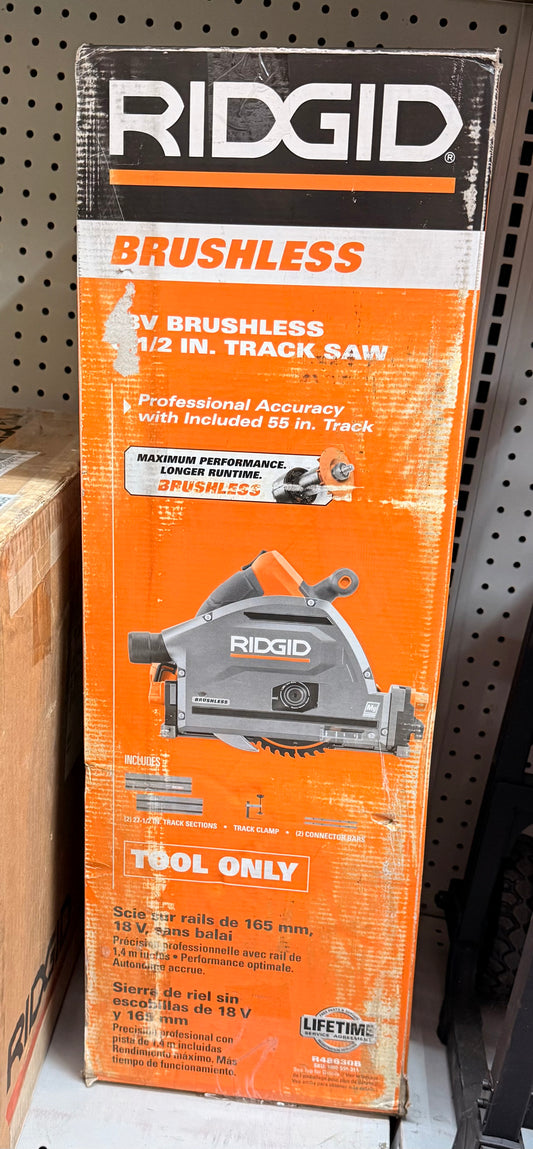 RIDGID 18V Brushless Cordless Track Saw (Tool Only) with (4) 27.5 in. Tracks and (3) Track Saw Clamps