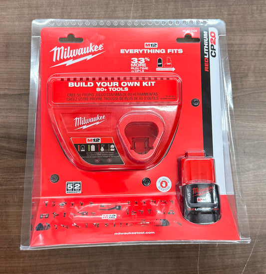 Milwaukee M12 12V Lithium-Ion Compact Battery Pack 2.0Ah and Charger Starter Kit