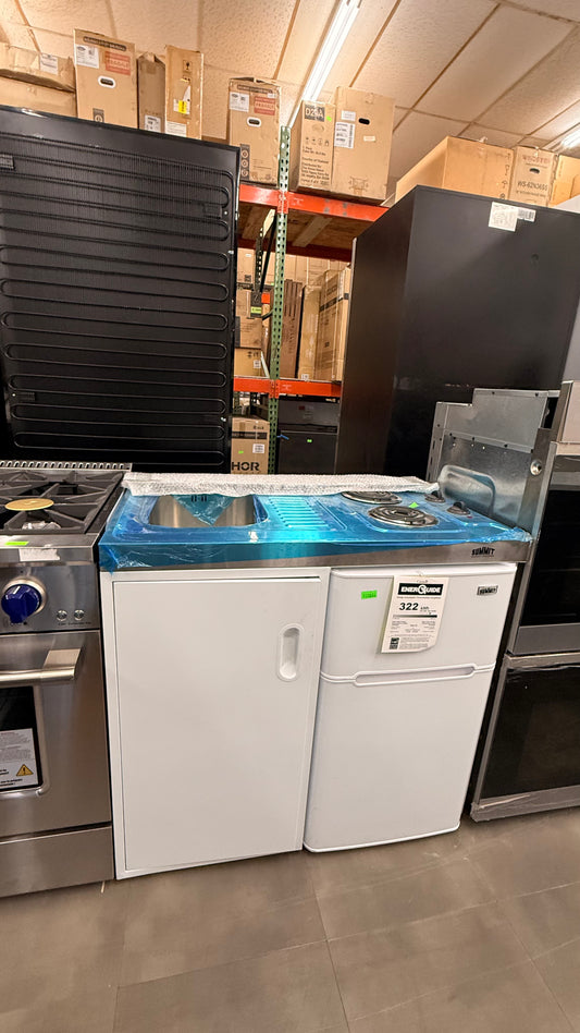 Summit 39" All-In-One Kitchenette with 2 Coil Burners, Sink & Faucet, Storage Compartment, Stainless Steel Countertop, Push-To-Turn Knobs, Indicator Lights, Stainless Steel Backguard, and 3.2 cu. ft. Top-Freezer Refrigerator *Pick up only*