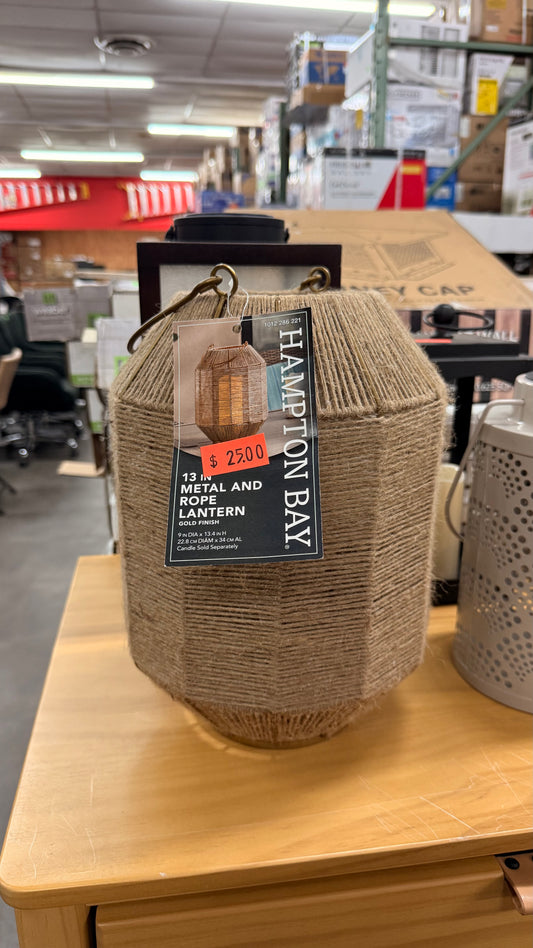 Hampton Bay 13in Metal and Rope Lantern with Gold Finish