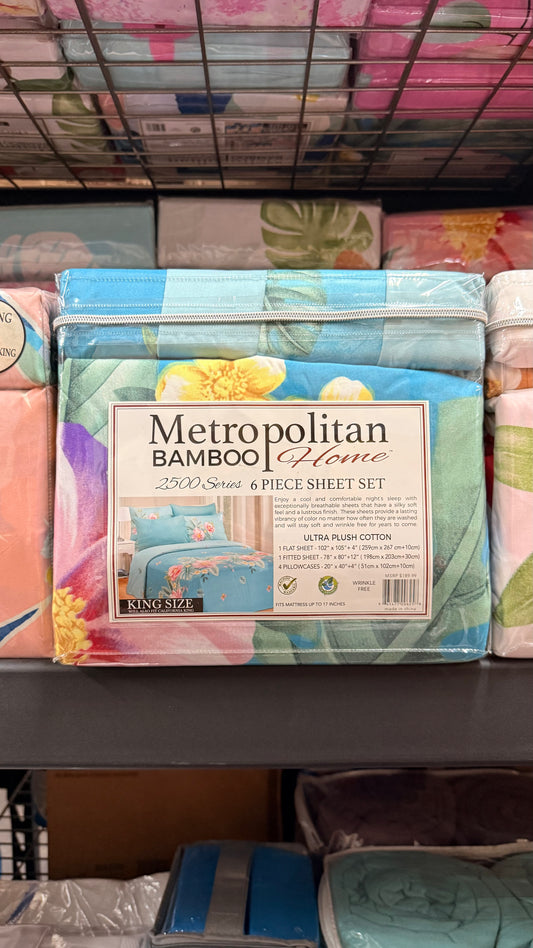 Metropolitan Bamboo 6 Piece King Size Sheet Set (Blue Floral)