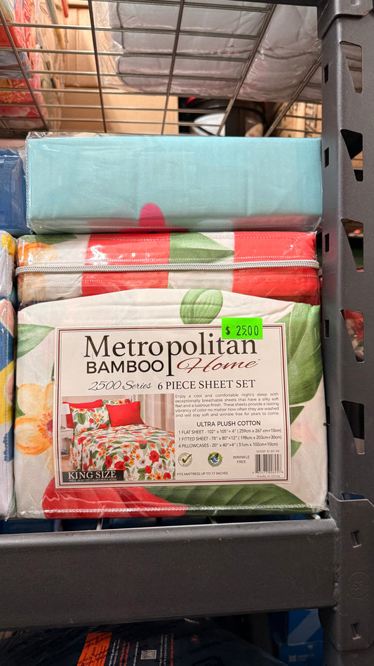 Metropolitan Bamboo 6 Piece King Size Sheet Set (White Floral)